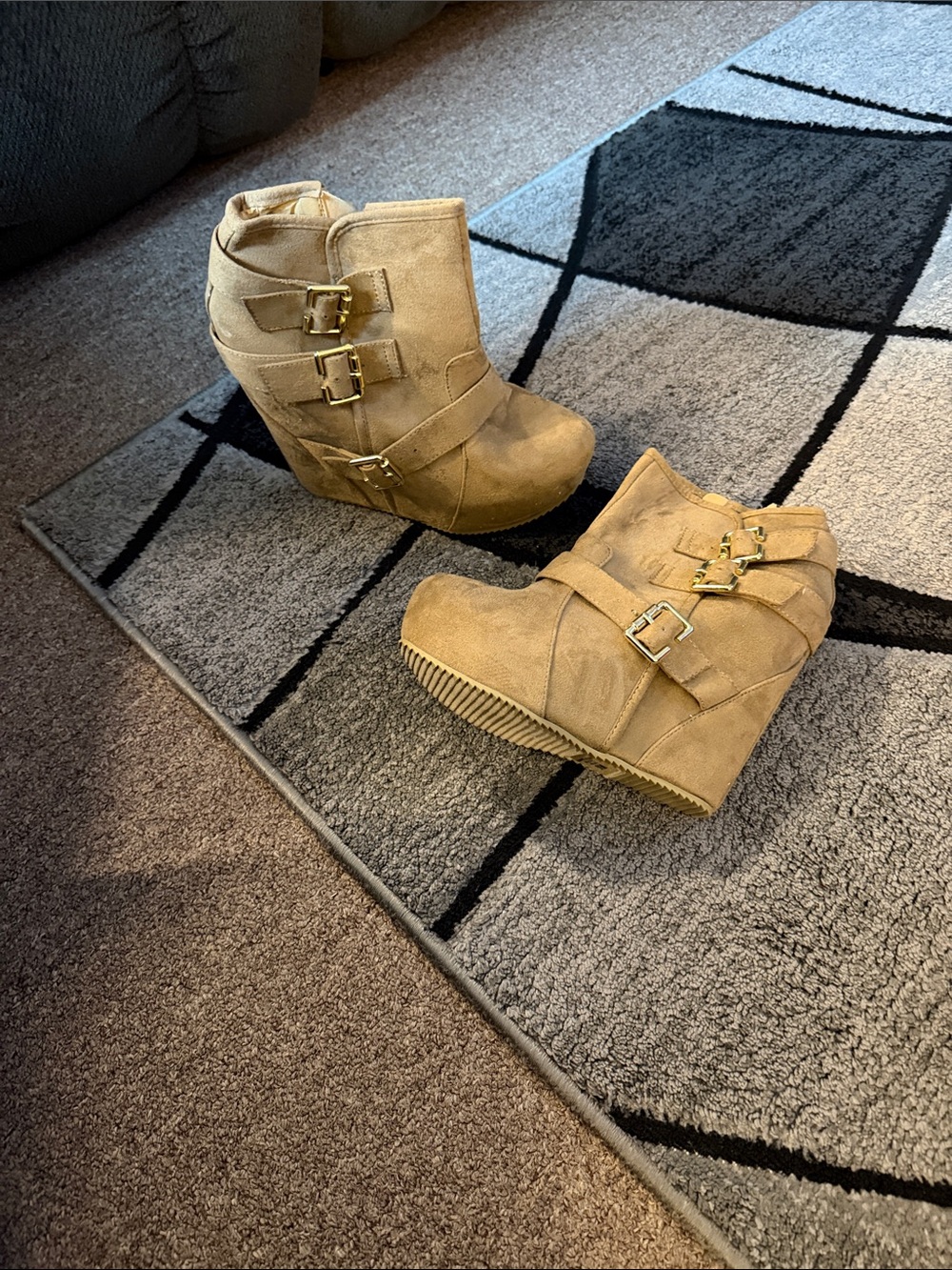 Kids Tan Wedge Ankle Boots with Buckle Straps